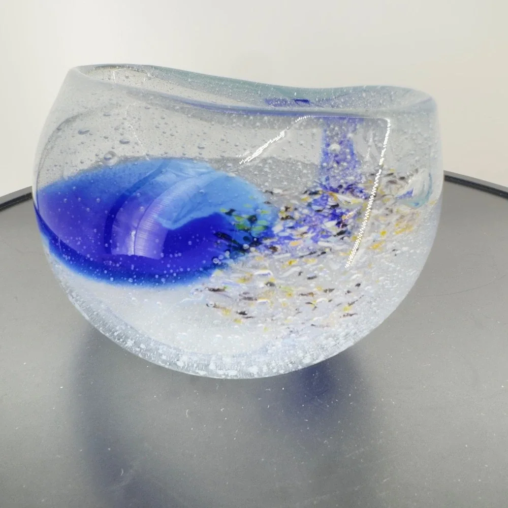 Murano Style Blown Art Glass Cobalt Blue Swirl Controlled Bubble Confetti Heavy